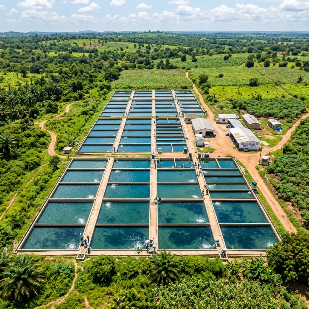 Vue aérienne des bassins aquacoles modernes de Ferme Eco Rêves entourés de végétation
